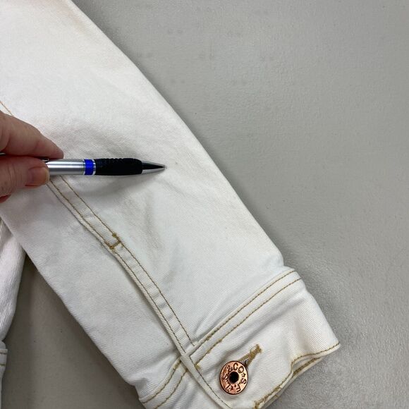 Vtg Levi’s Cropped Jean Jacket Womens Medium Beige Stretch Denim Trucker Y2K - Picture 9 of 16